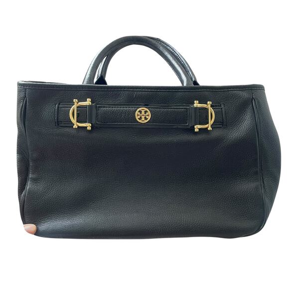 Tory Burch Jaden Black Horsebit Pebbled Leather Bag - Picture 1 of 12